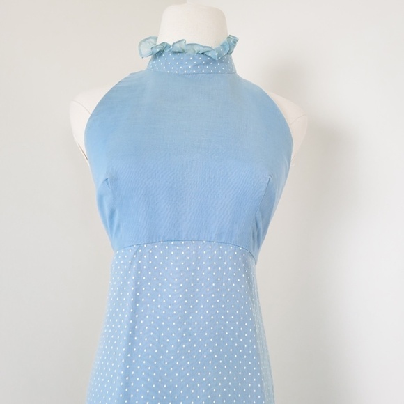 70's Baby Blue Maxi Dress Bolero Cardigan Halter High Neck Ruffles Floor Length - Picture 9 of 16